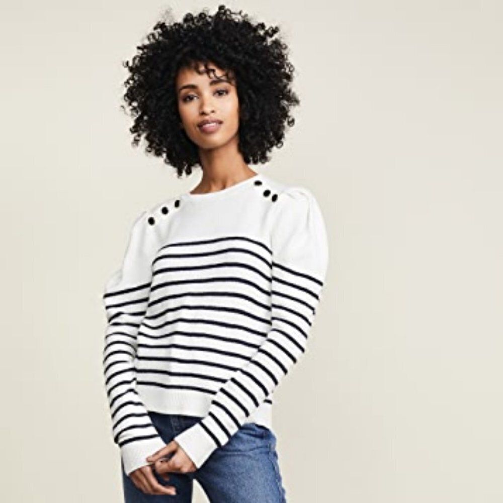 Striped Joie Puff Button Shoulder Long Sleeve Crew Neck Pullover Sweater (NWT)